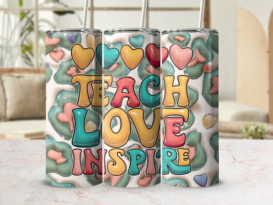 Triptych of tumblers with leopard print and "Teach Love Inspire" text.