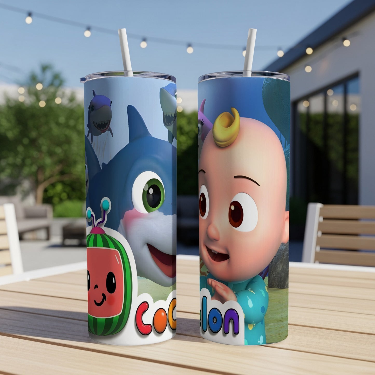 Cocomelon characters on a blue and green themed insulated tumbler with straws.