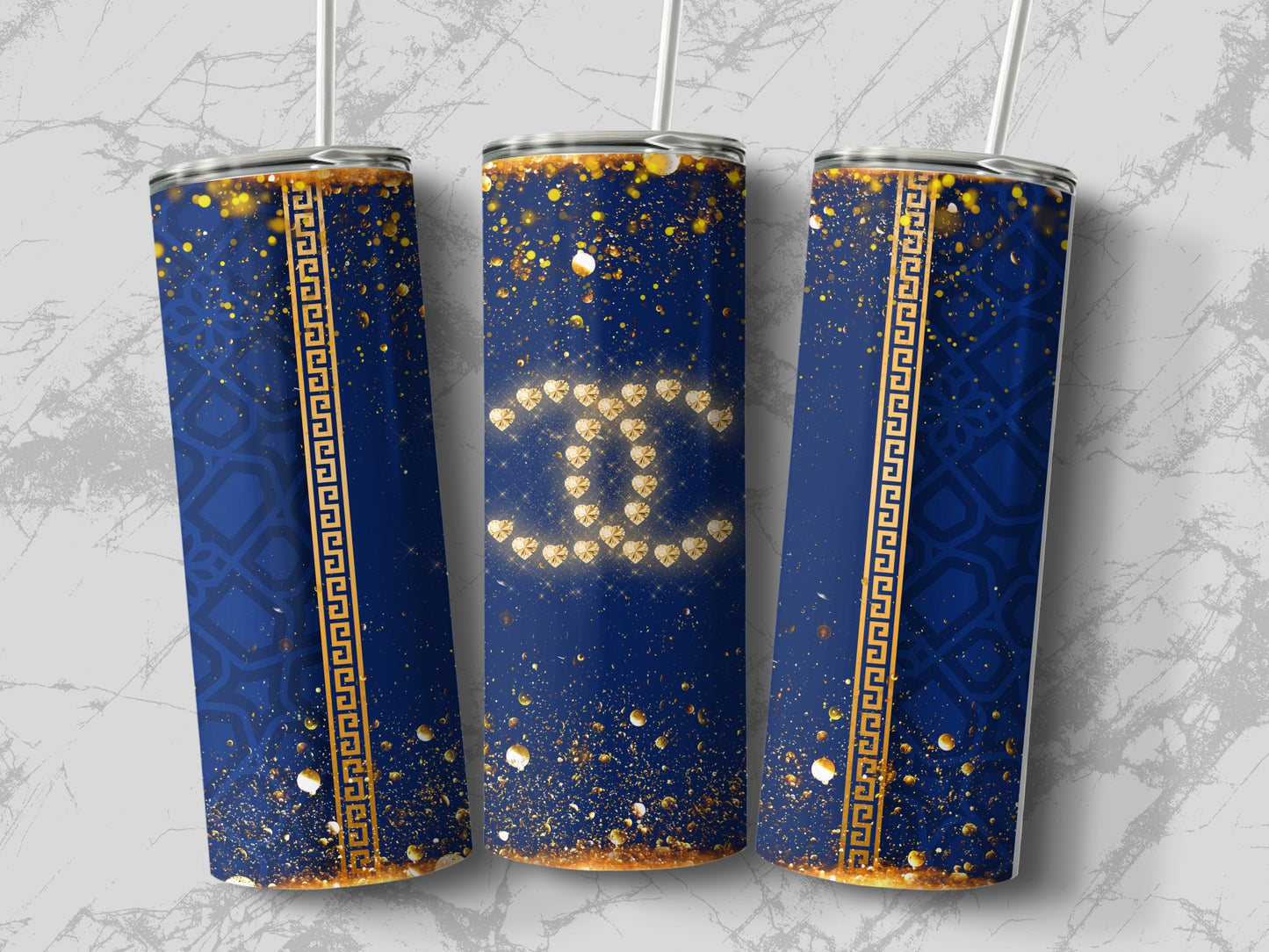 Luxurious Blue and Gold Patterned Tumbler with Straw