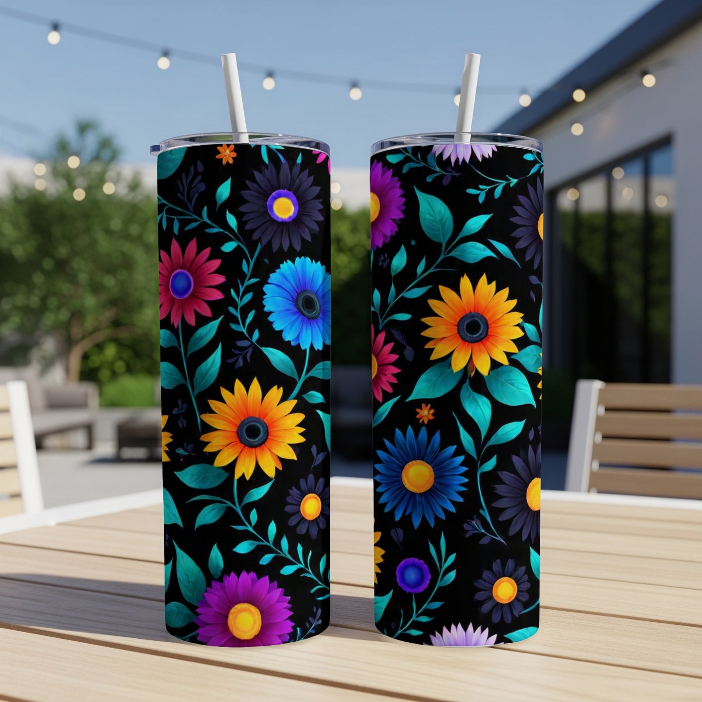 Two tumblers with a black background and colorful floral designs.