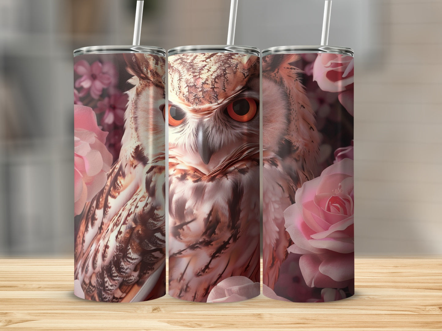 Close-up of a detailed owl face with pink roses on a tumbler.