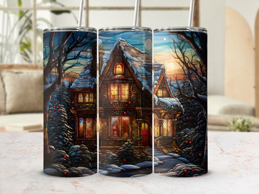 Cozy winter cottage adorned with lights and festive decor at dusk.