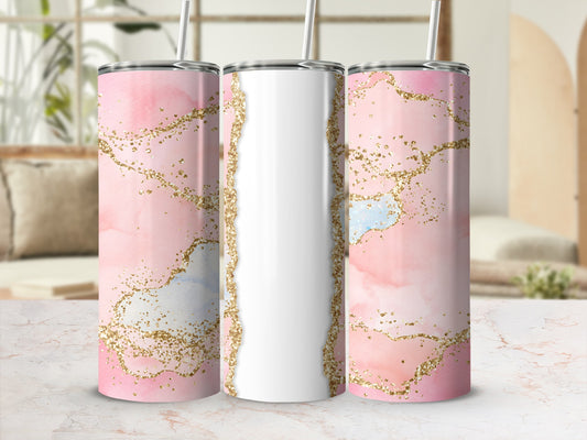 Pink and gold marble tumbler with white panel.
