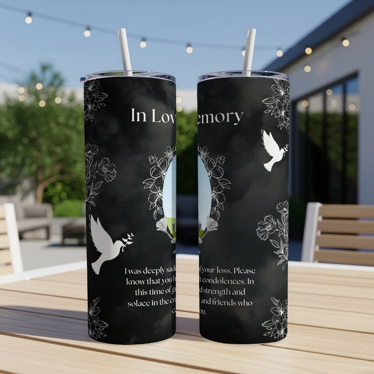 Two tumblers with "In Lovemory" text, doves, and floral designs.