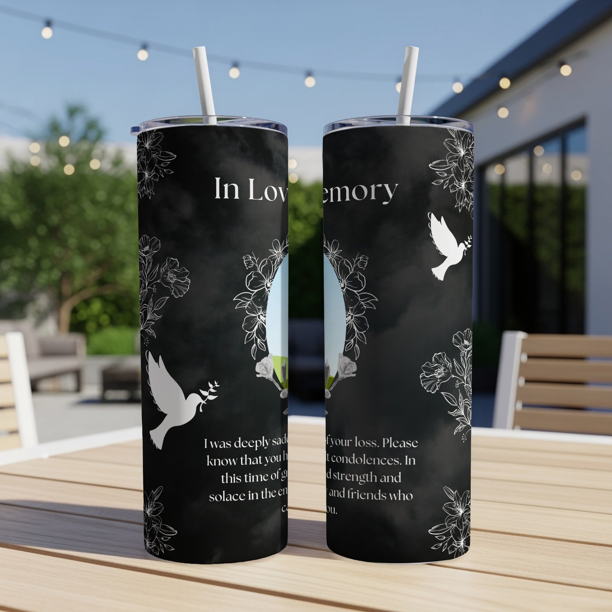 Two tumblers with "In Lovemory" text, doves, and floral designs.