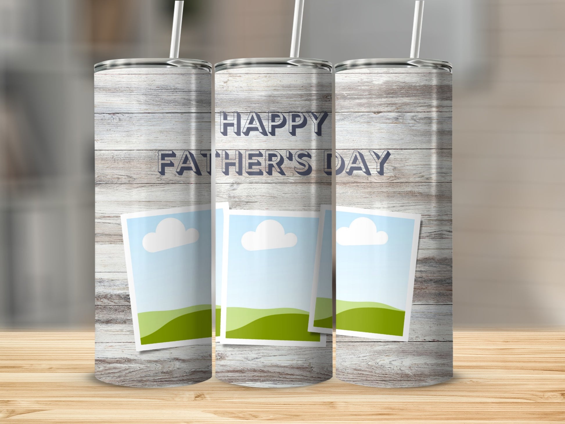 Three tumblers with wood grain design, "Happy Father's Day," and photo frames.