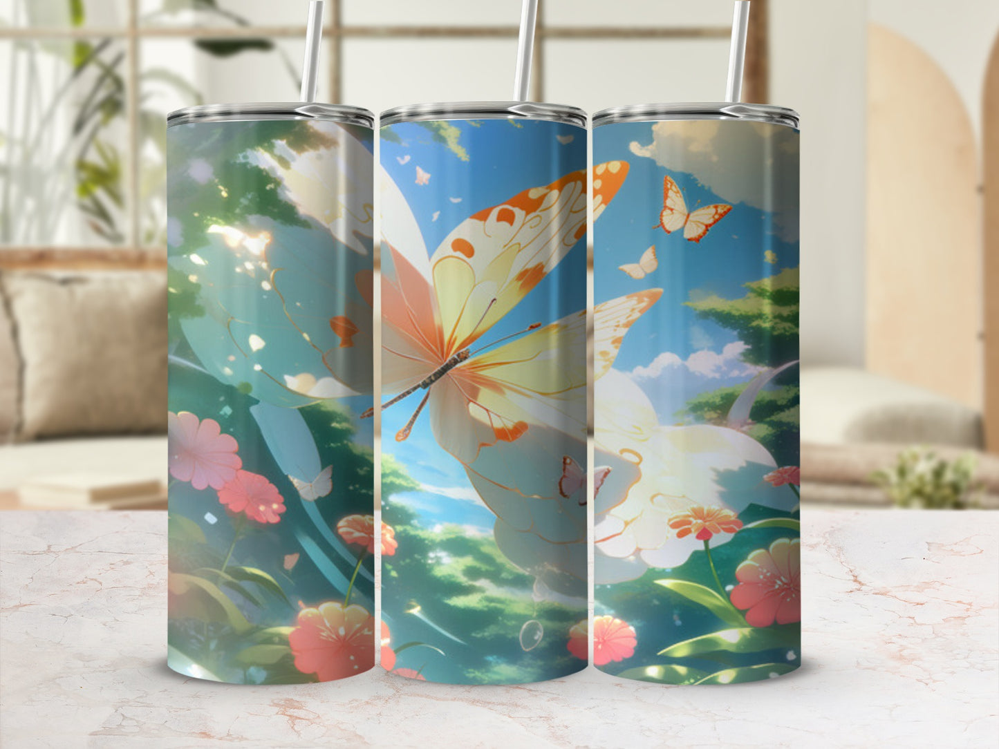Tumbler with butterflies and floral design against a sunny sky.