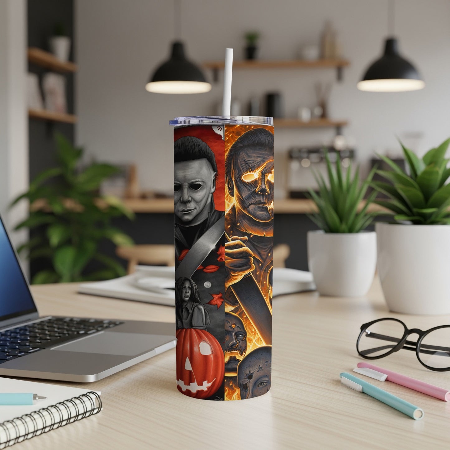 Halloween-themed tumbler with Michael Myers, pumpkin, and spooky imagery.