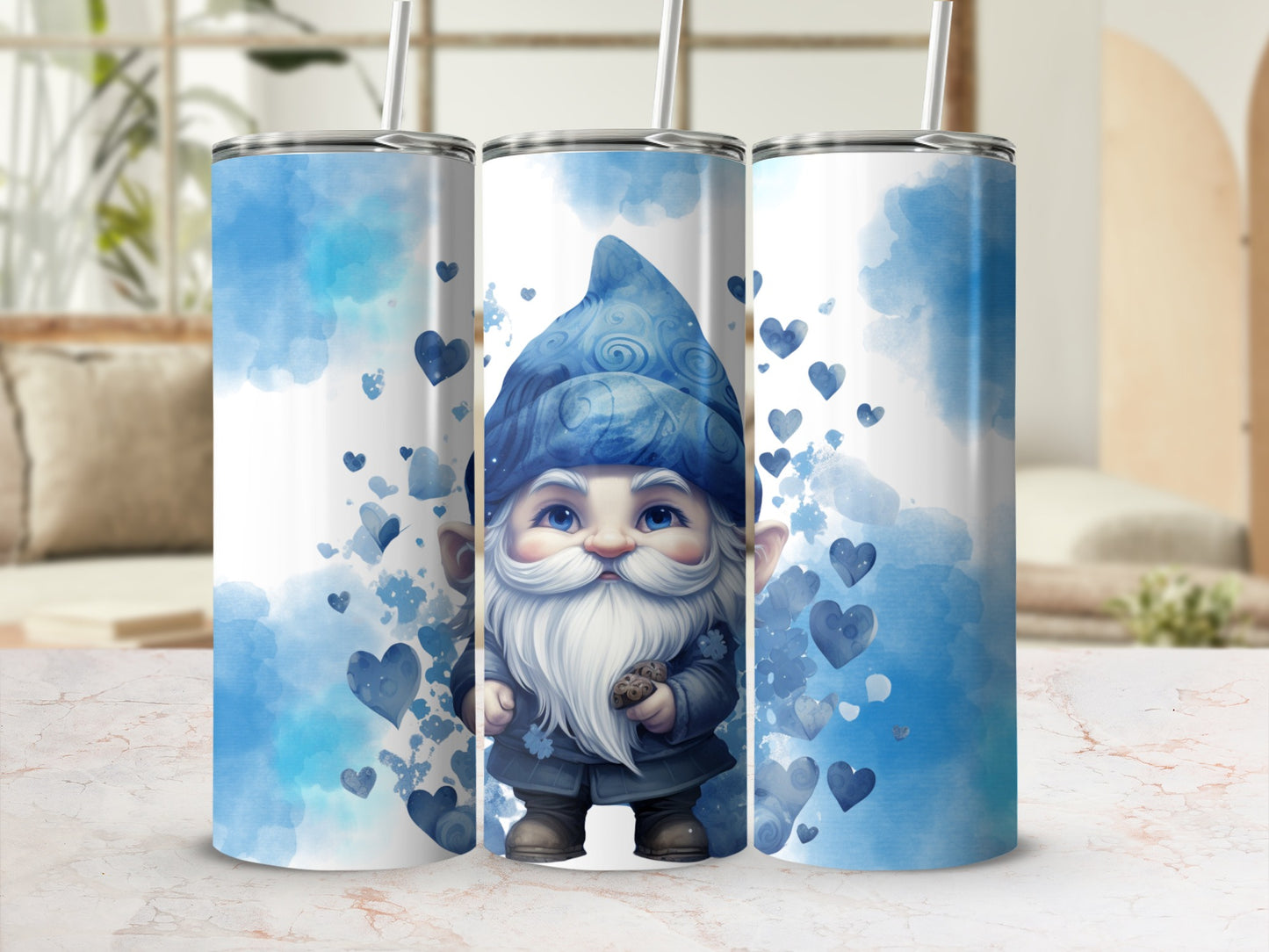 Adorable Gnome With Hearts Blue White Travel Tumbler