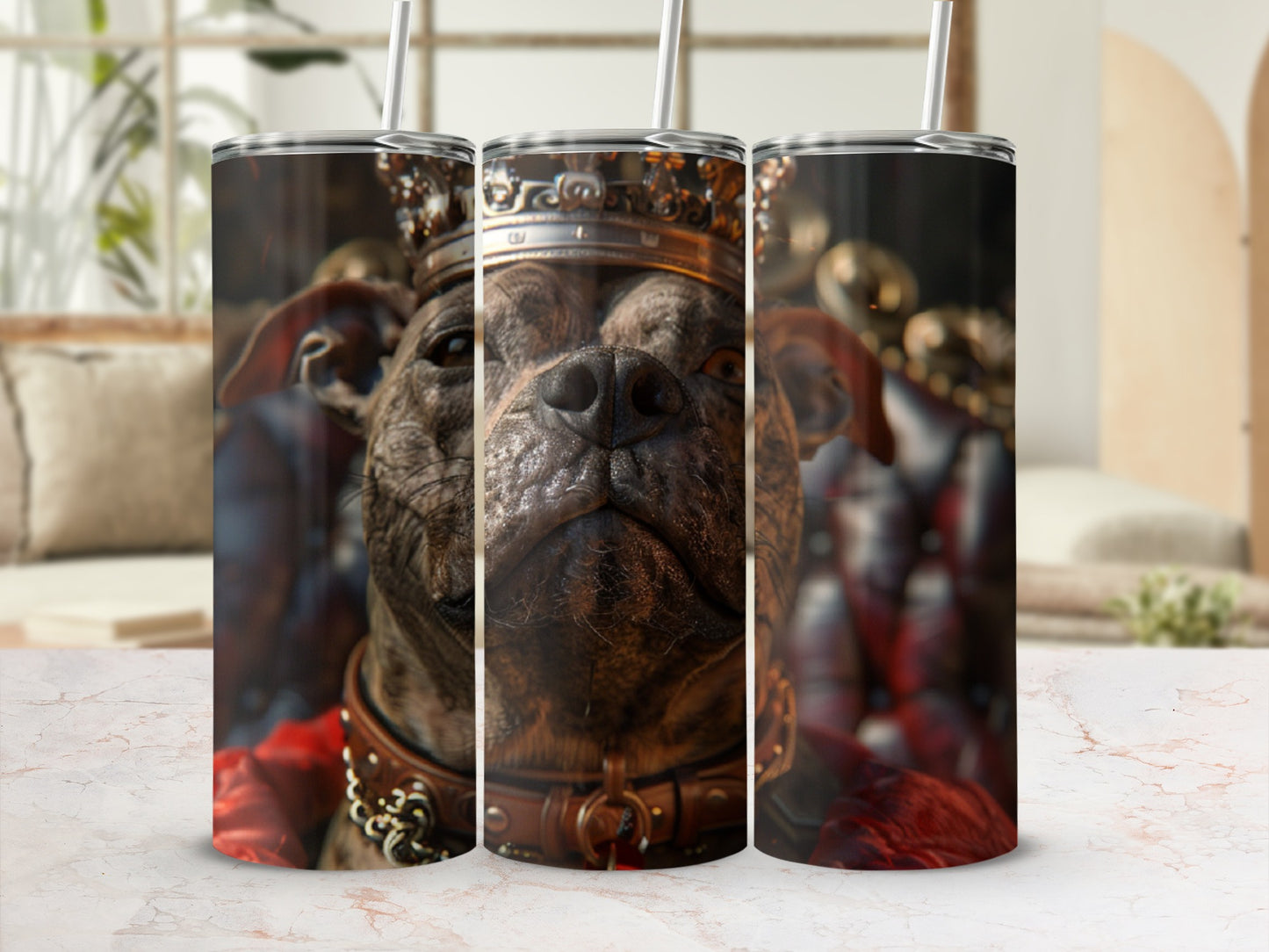 Dog wearing a crown and regal attire, displayed on a tumbler.
