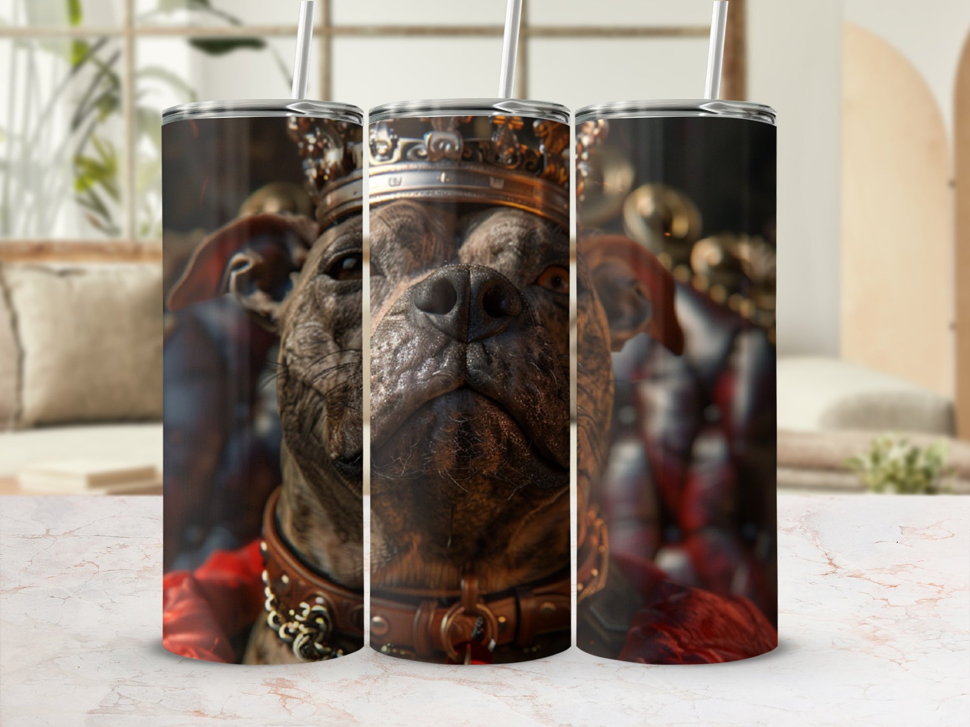 Dog wearing a crown and regal attire, displayed on a tumbler.