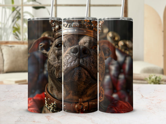 Dog wearing a crown and regal attire, displayed on a tumbler.