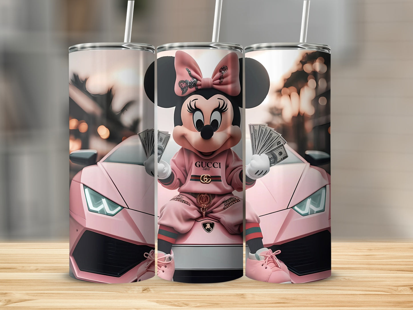 Gucci Minnie Mouse in Pink with Luxury Car tumbler