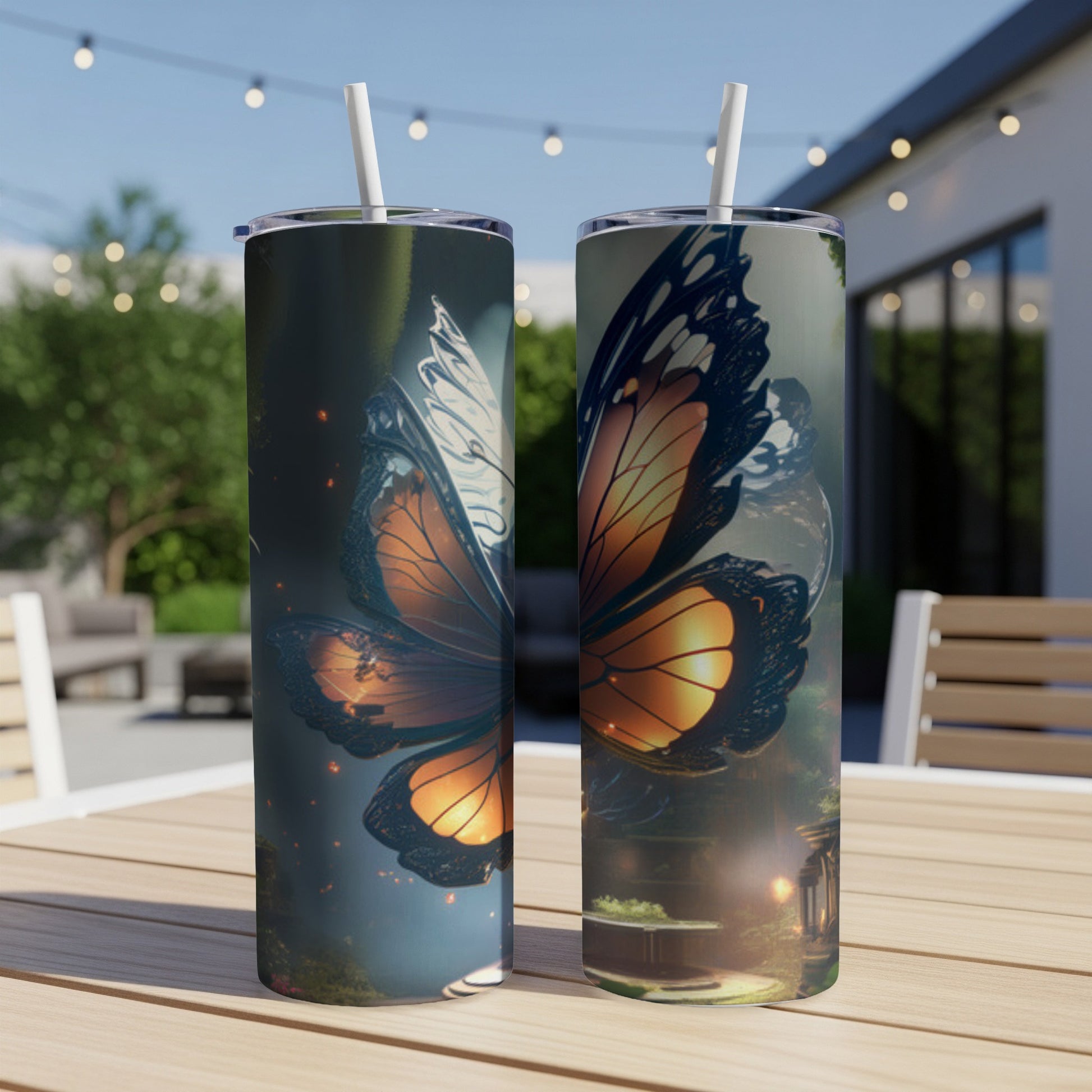 Two tumblers with glowing orange and black butterfly wing designs.