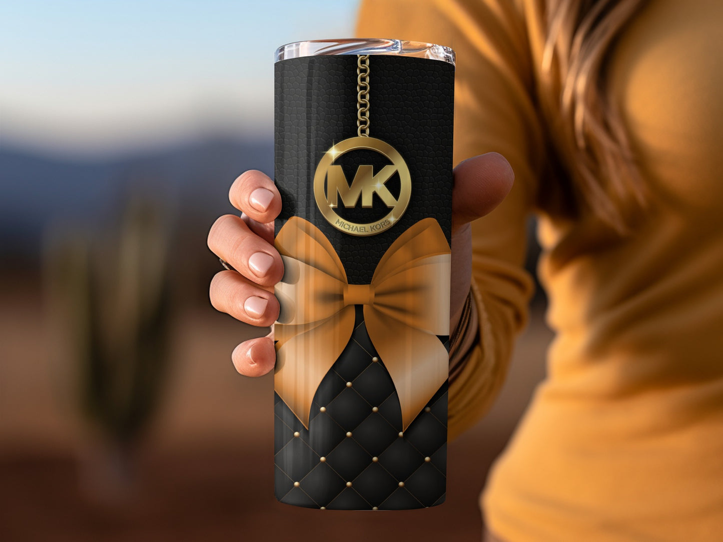Black Tumbler with Gold Bow and MK Logo Drinkware
