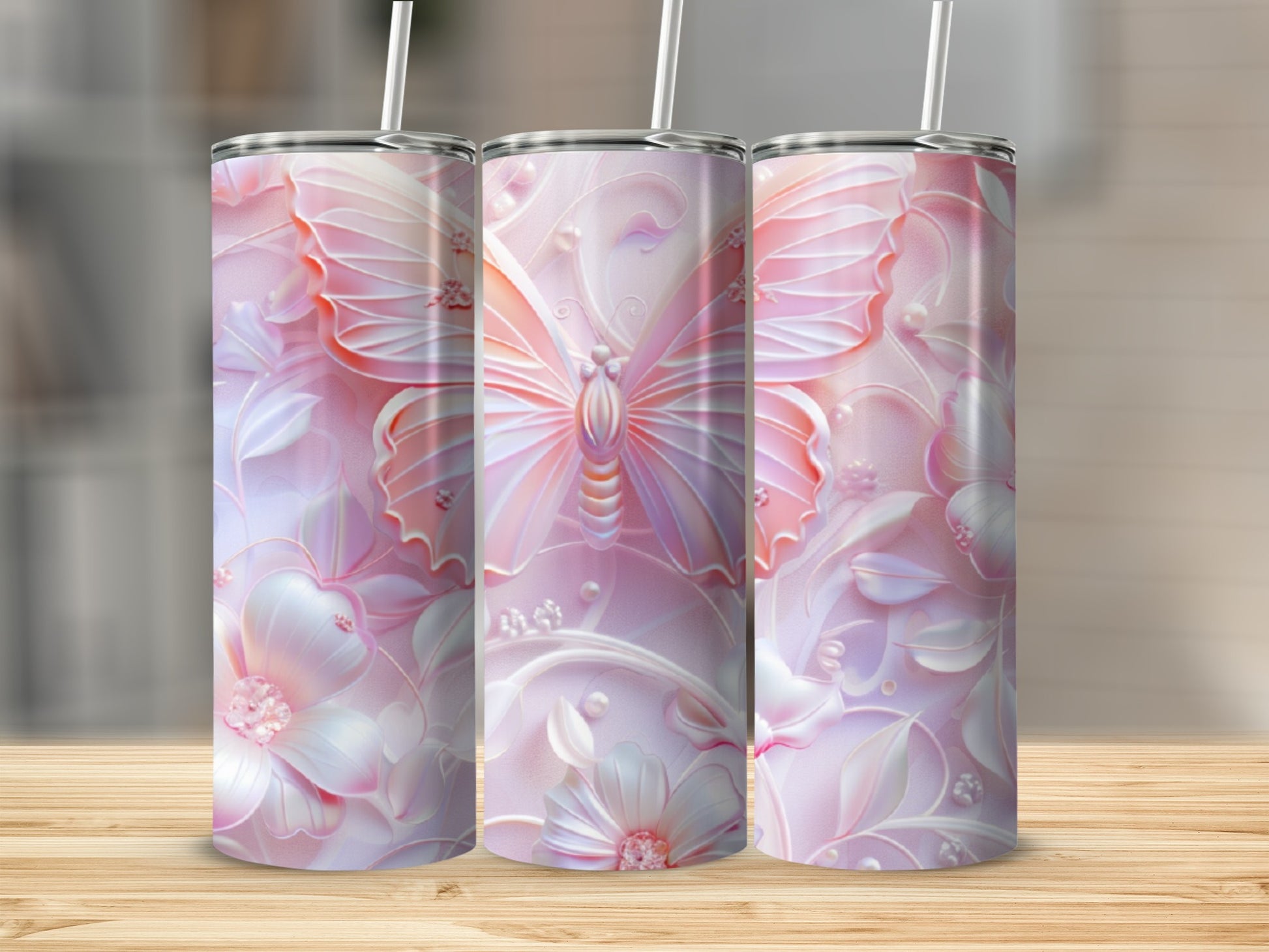 Pink butterfly and floral pattern on a tumbler.