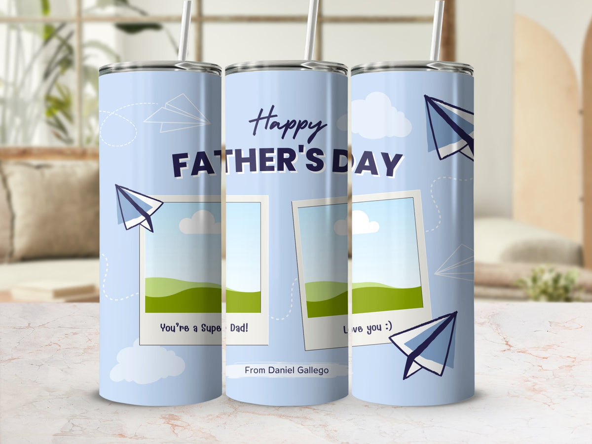 Light blue tumblers with "Happy Father's Day" and photo frames.