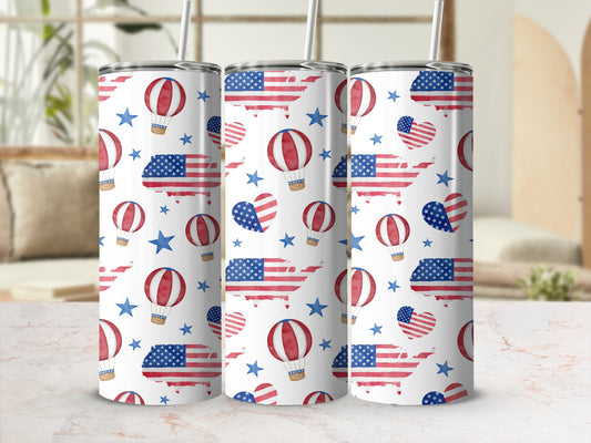 Tumbler with US flag map, hearts, stars, and hot air balloons.