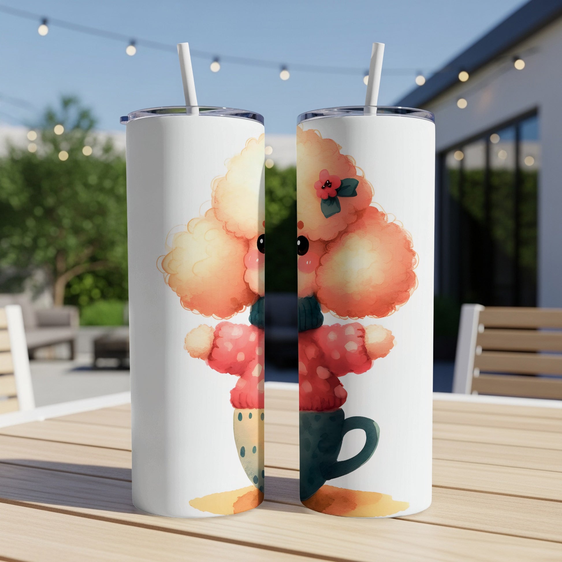Two tumblers with a cartoon poodle wearing a scarf and hat.