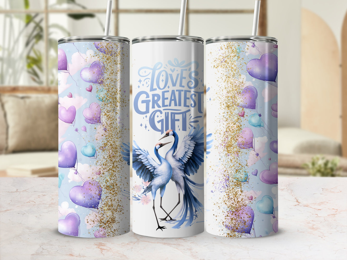 Love's Greatest Gift Blue Crane Tumbler Cup Design