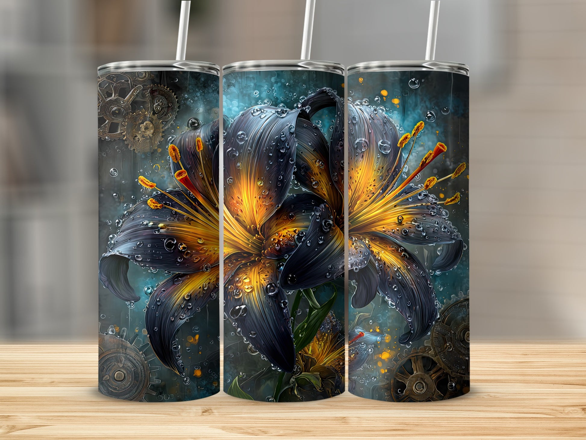 Floral Water Droplets Design with Gear Elements Tumbler