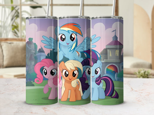 My Little Pony characters Rainbow Dash, Pinkie Pie, Applejack, and Twilight Sparkle on tumblers.