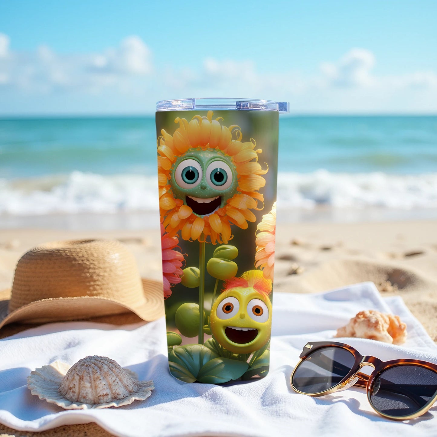 Cheerful Sunflower Character Beach Tumbler Product Type
Tumbler, Cup, Drinkware, Travel Mug, Insulated Cup, Sunflower Design, Happy Character, Cartoon Creature, Yellow Green, Cute Tumbler, Cheerful Print, Vibrant Graphics, Beach Theme, Summer Vibes, Ocean Background, Sand Beach, Vacation Essential, Outdoor Drink, Playful Design, Animated Art