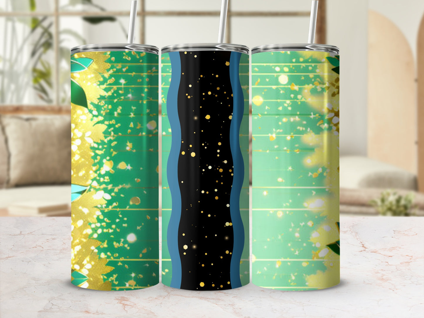 Three tumblers with green, gold, and black abstract glitter patterns.