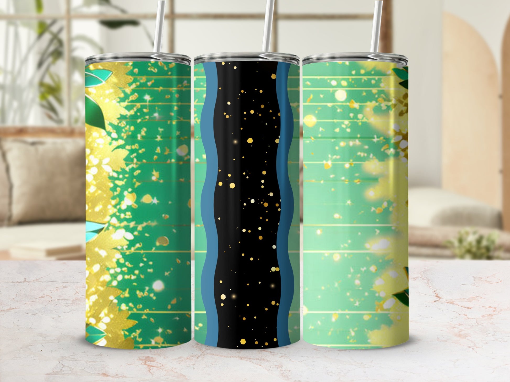Three tumblers with green, gold, and black abstract glitter patterns.