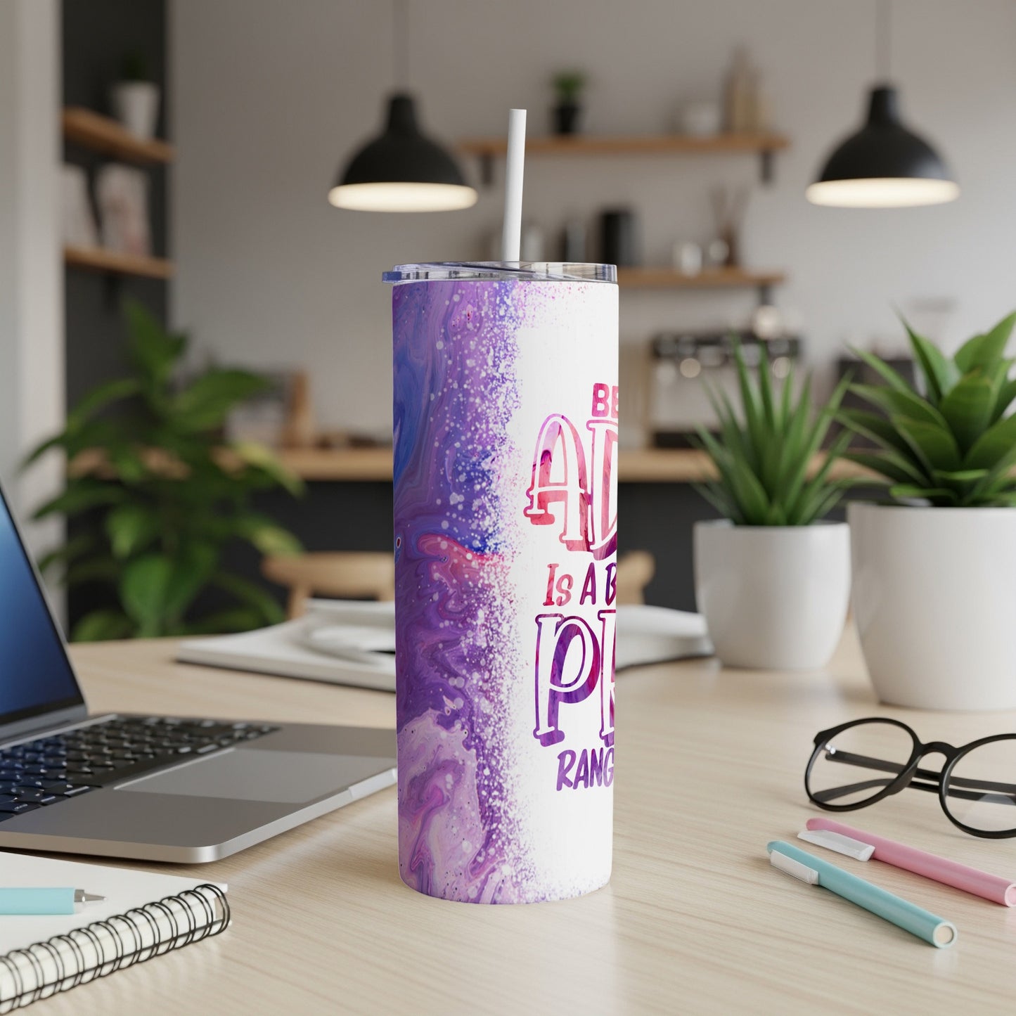 Pink and purple abstract marbled tumbler with "All is a big pink range" text.