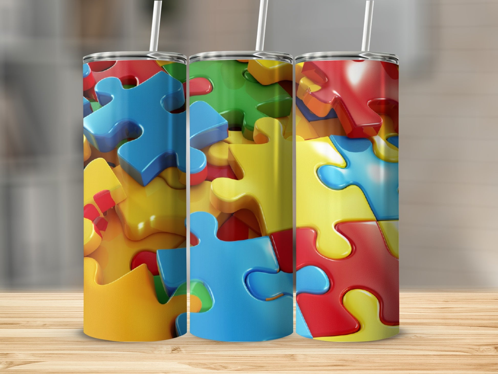 Three colorful puzzle pieces forming a close-up abstract background pattern.