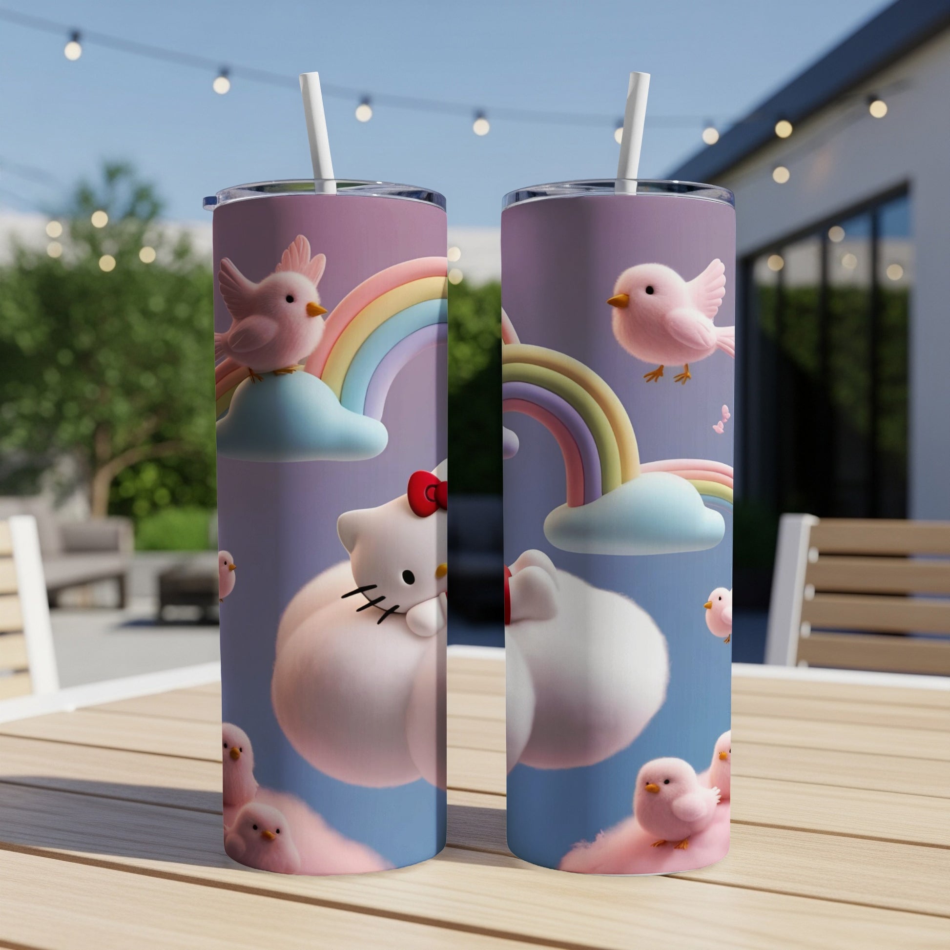 Two tumblers featuring Hello Kitty with pastel clouds and rainbows.
