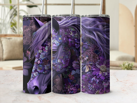 Purple horse with floral patterns on a tumbler.