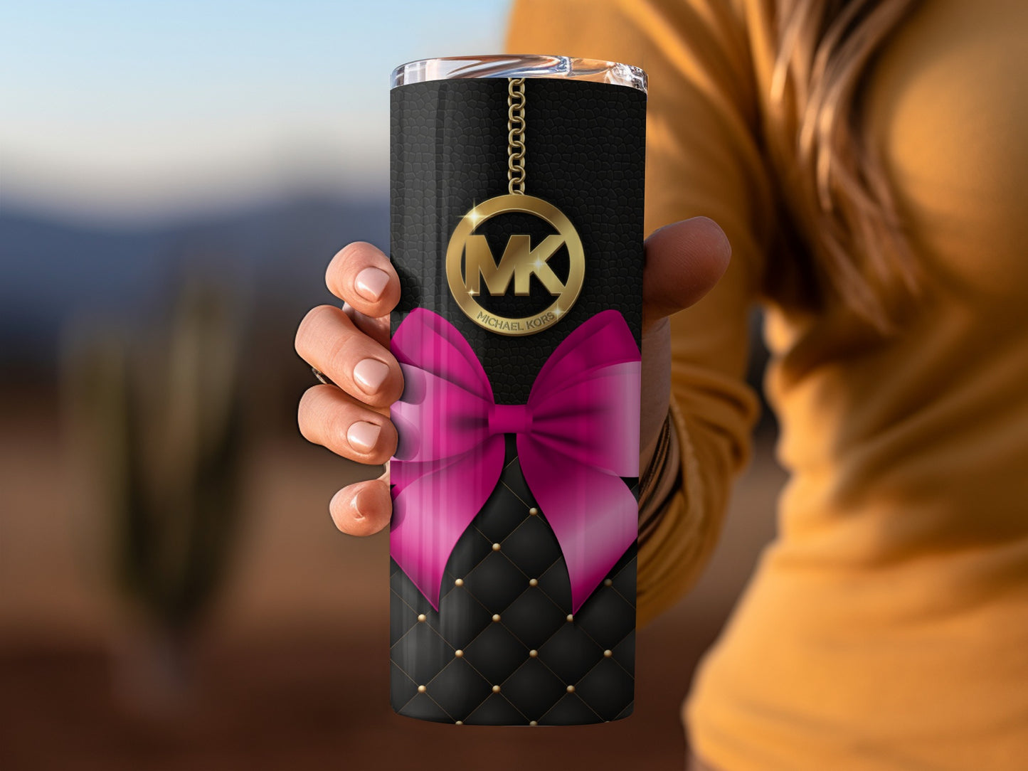 Pink Bow Design Tumbler with Gold MK Logo Thermos