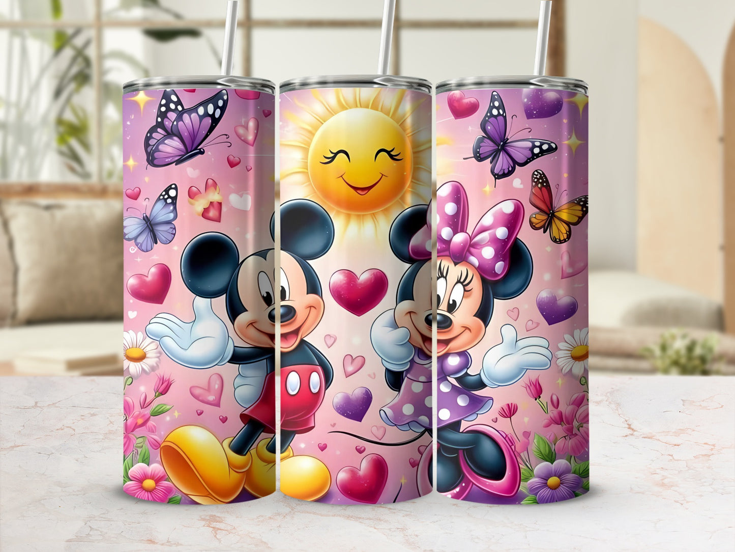 Mickey and Minnie Mouse Pink Heart Butterfly Tumblers