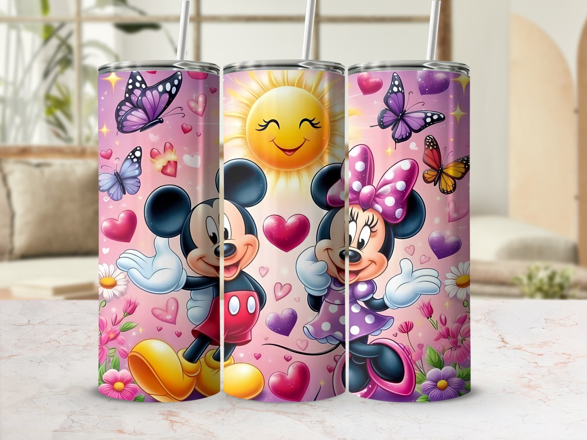 Mickey and Minnie Mouse Pink Heart Butterfly Tumblers