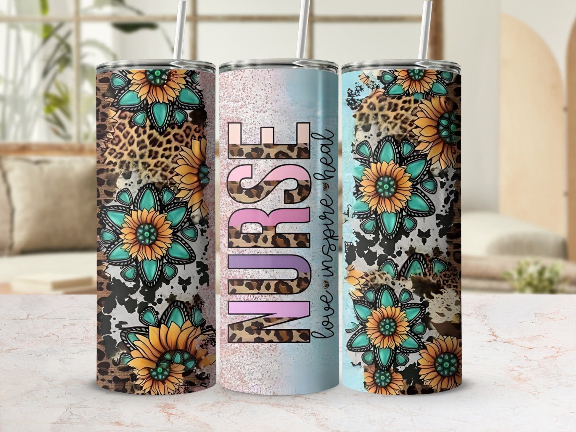 Nurse tumbler with floral, leopard, and watercolor patterns, and text.