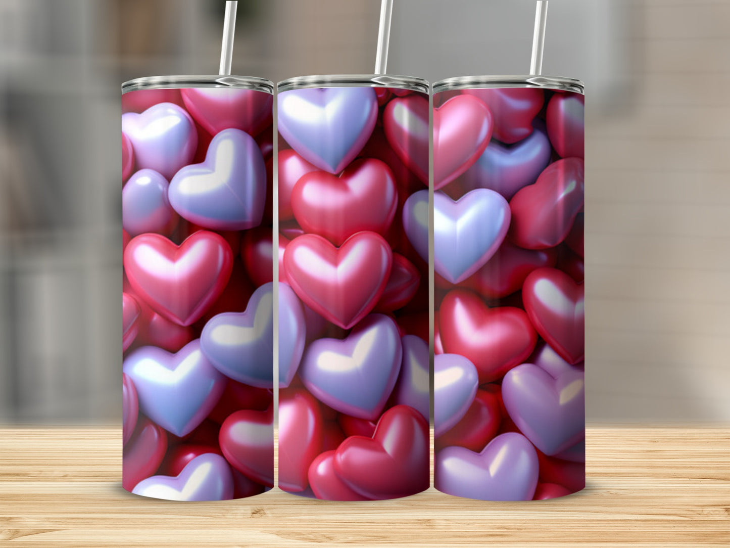 Three tumblers adorned with a repeating pattern of shiny pink and purple hearts.