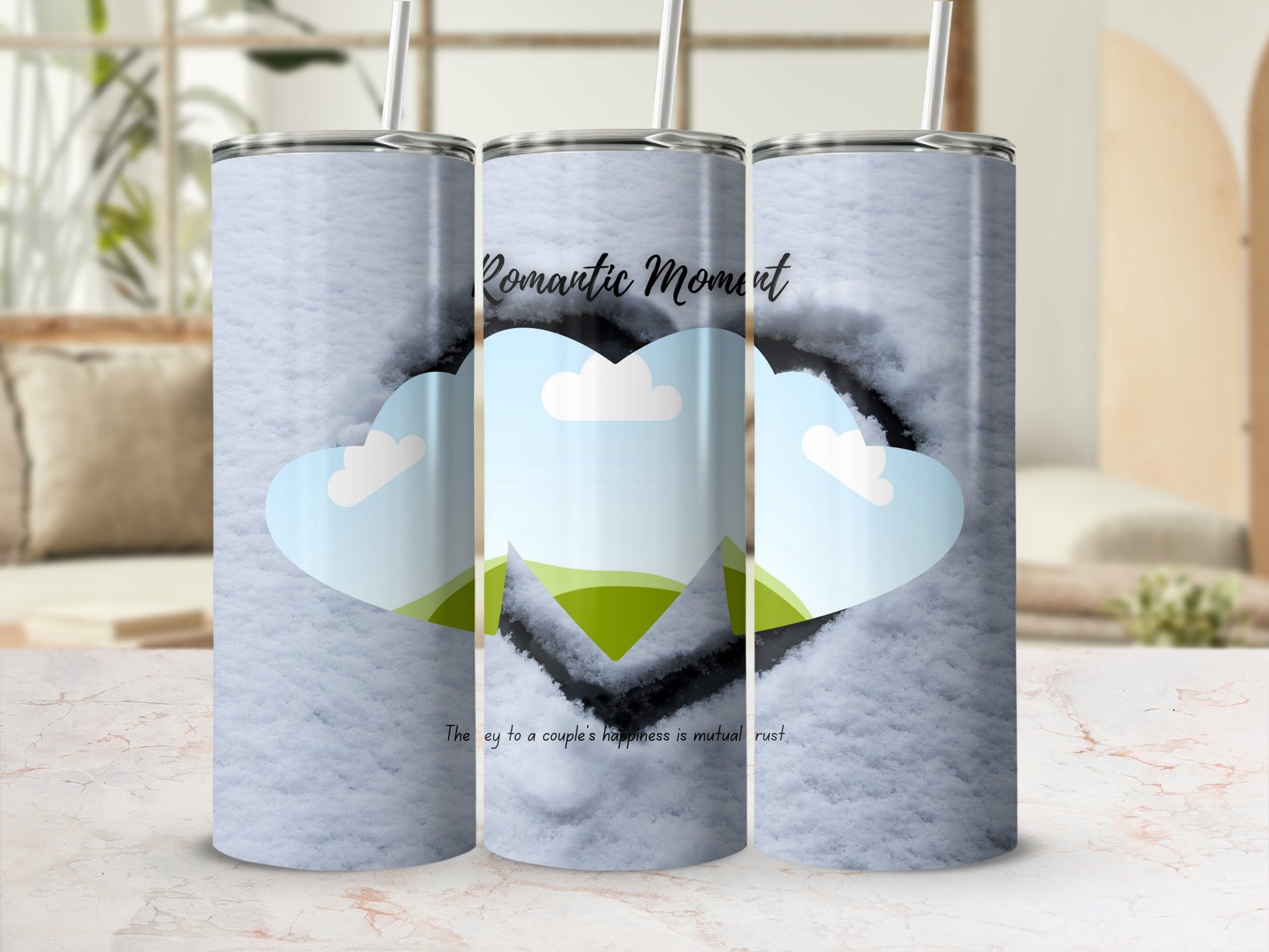 Tumblers with "Romantic Moment" text and cloud hearts on snowy background.