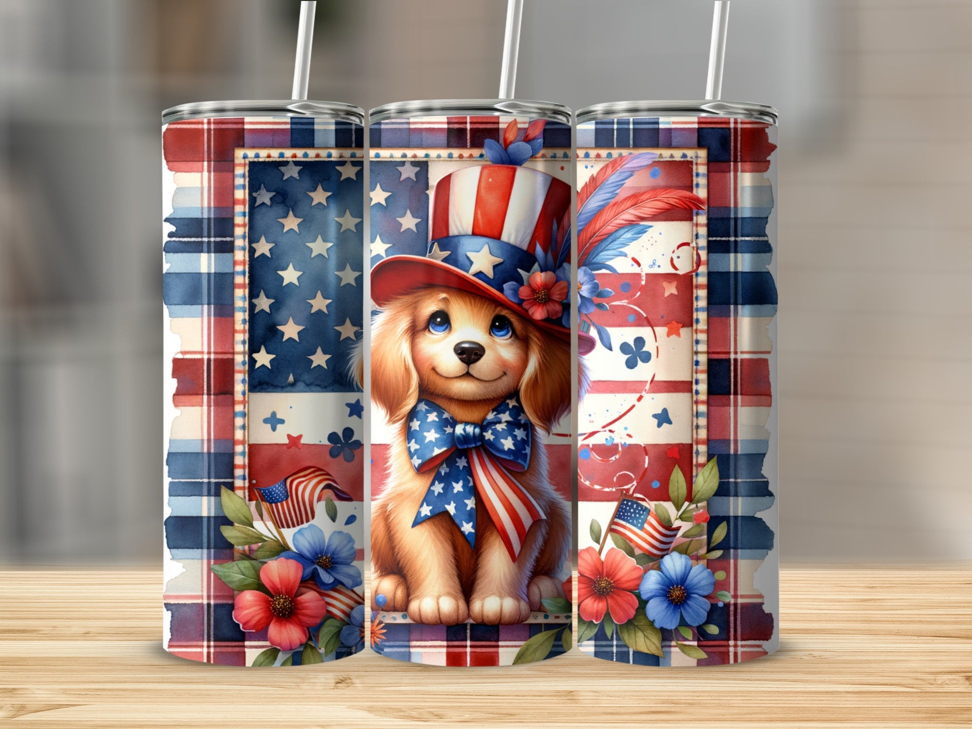Patriotic puppy in top hat with American flag designs on tumblers.