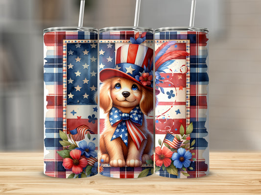Patriotic puppy in top hat with American flag designs on tumblers.