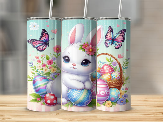 Easter bunny with colorful eggs and butterflies on a patterned background.