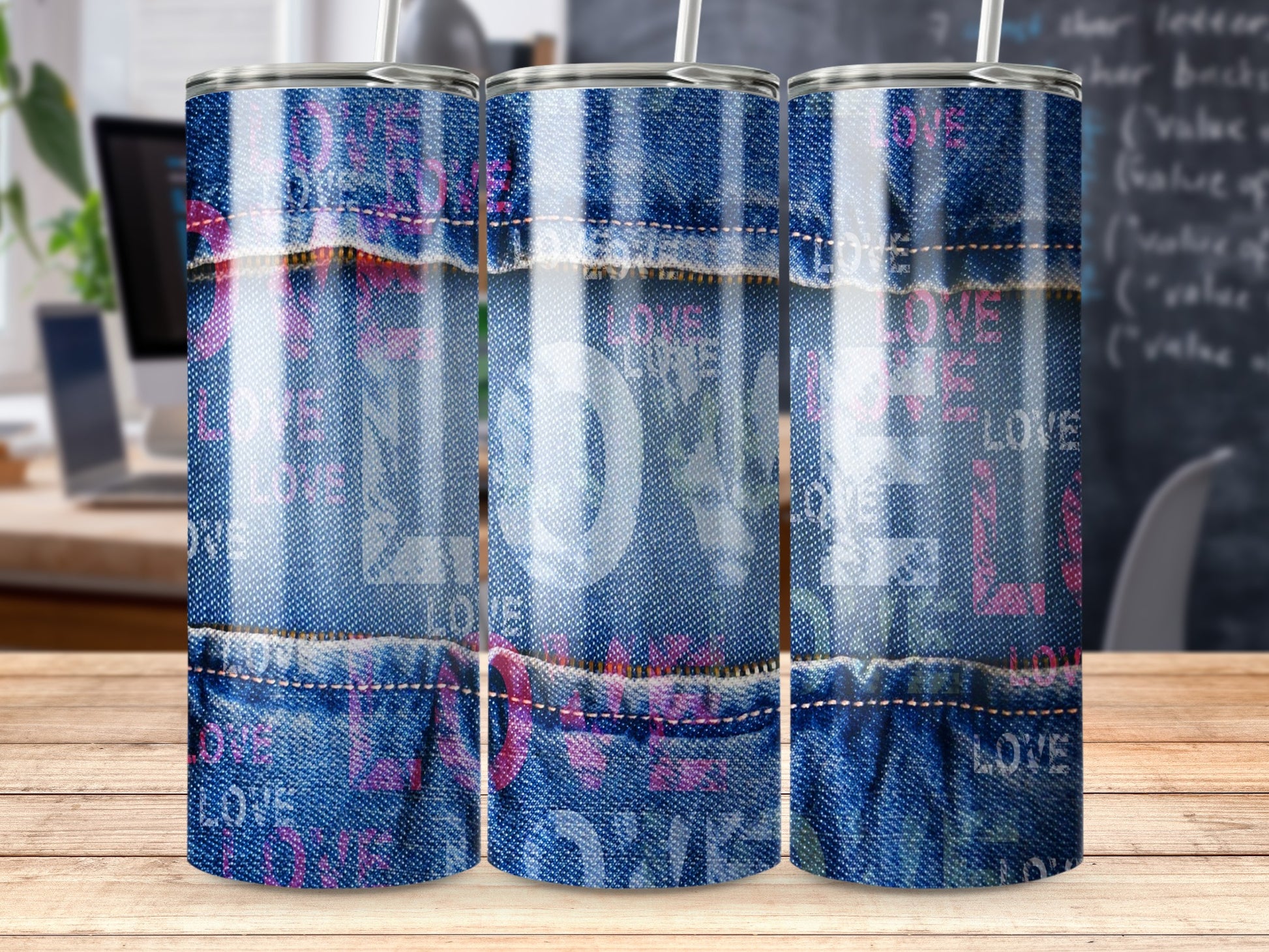 Blue Denim LOVE Text Pattern Stitched Tumbler product type