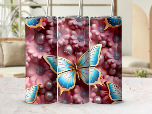 Three tumblers with a blue butterfly and pink flowers design.