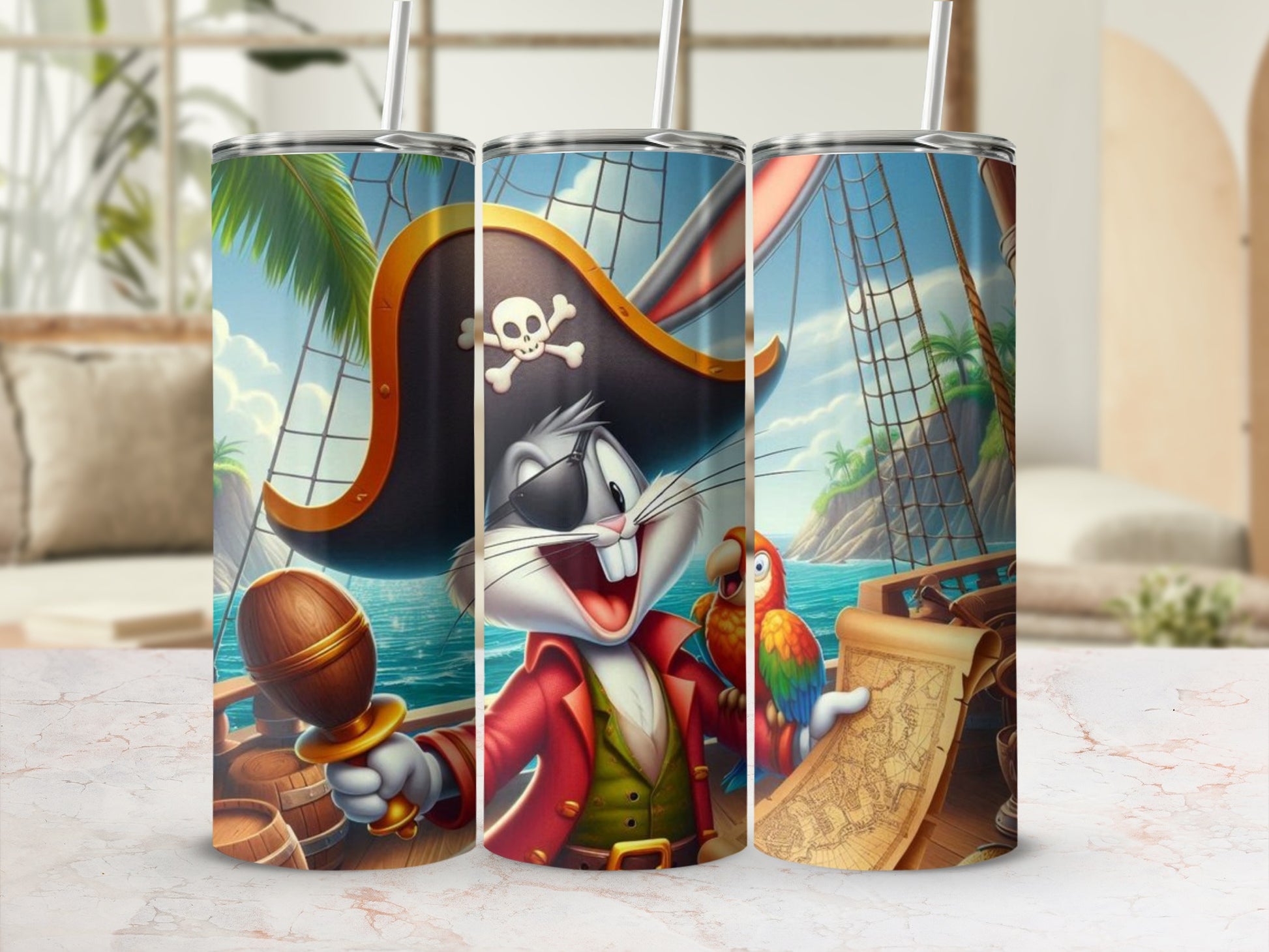 Cartoon Pirate Bunny with Parrot Design Tumbler
