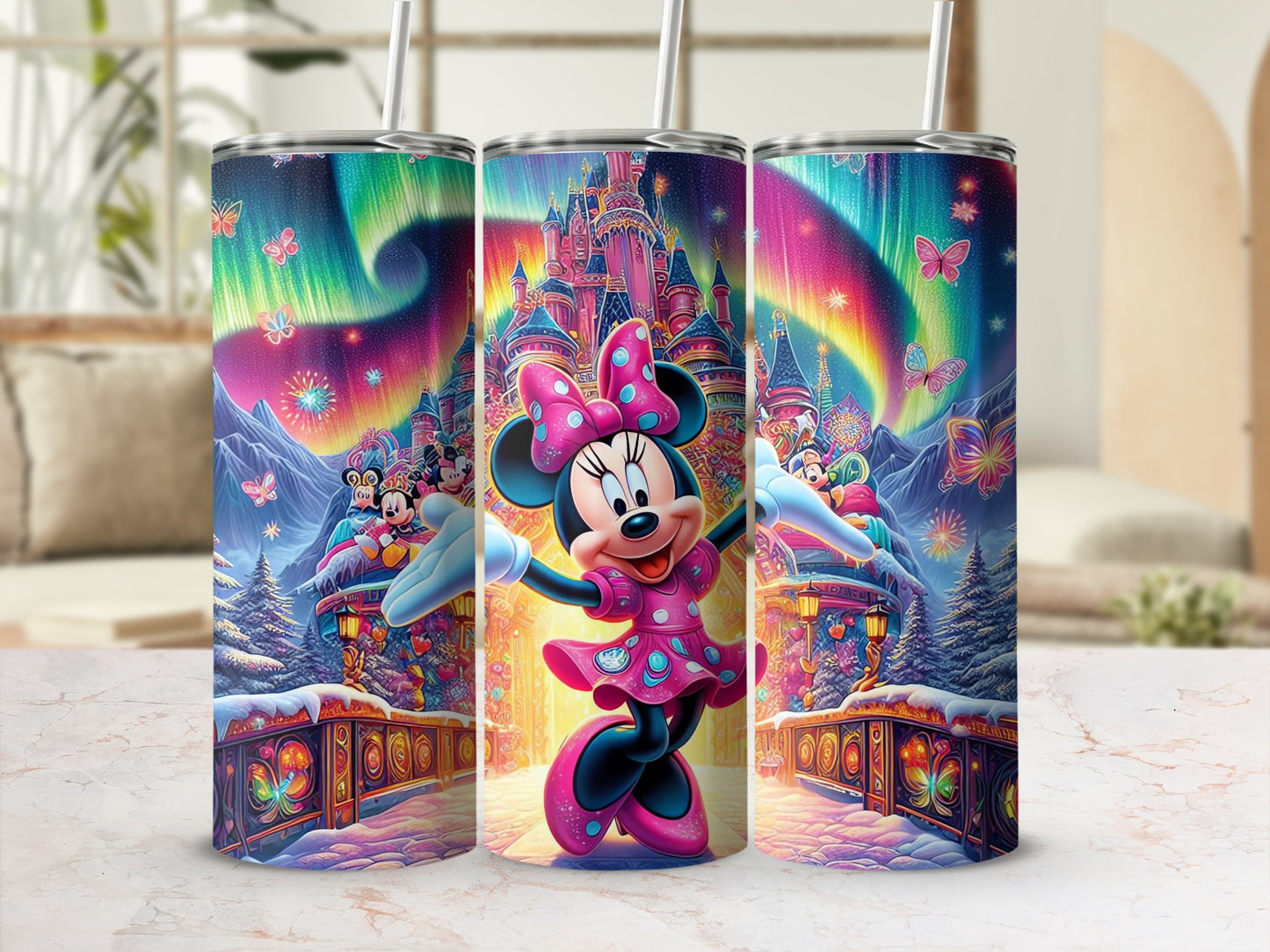 Colorful Minnie Mouse Aurora Castle Themed Tumbler