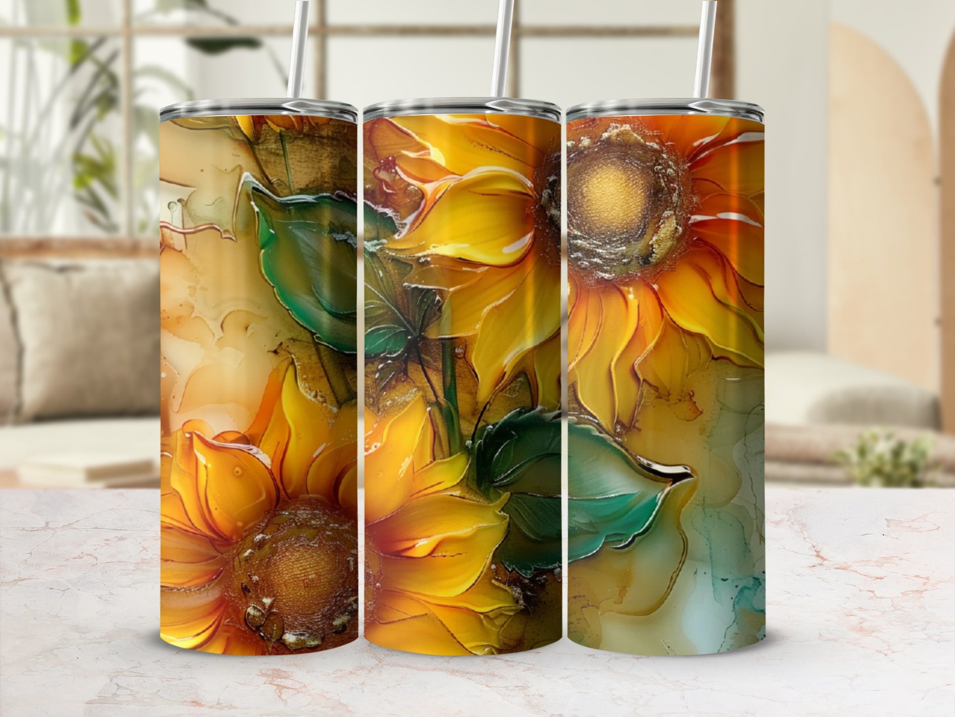 Three tumblers with a painterly sunflower design.