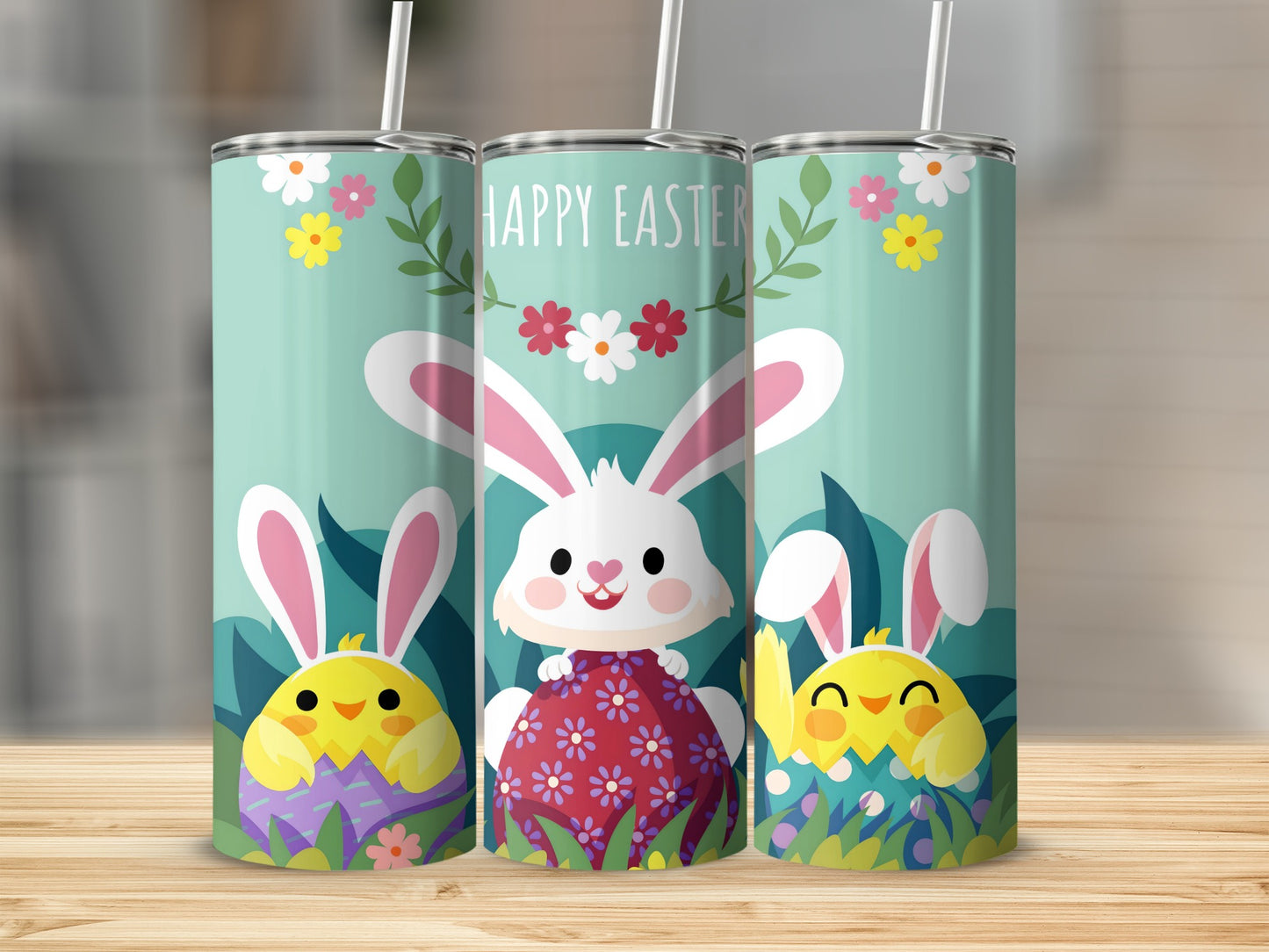 Happy Easter Bunny and Chick Floral Design Tumbler