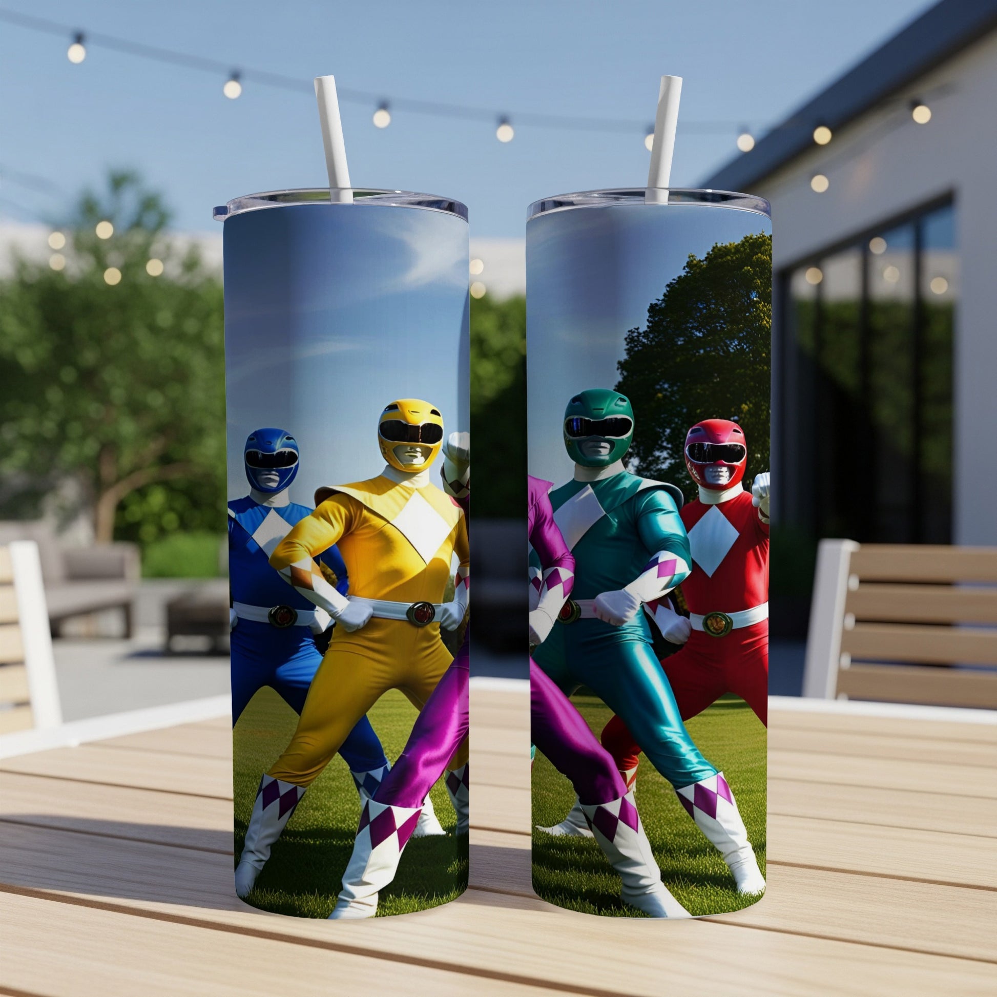 Four Power Rangers stand at attention on a lawn, one in yellow, one in blue, one in green, and one in red.