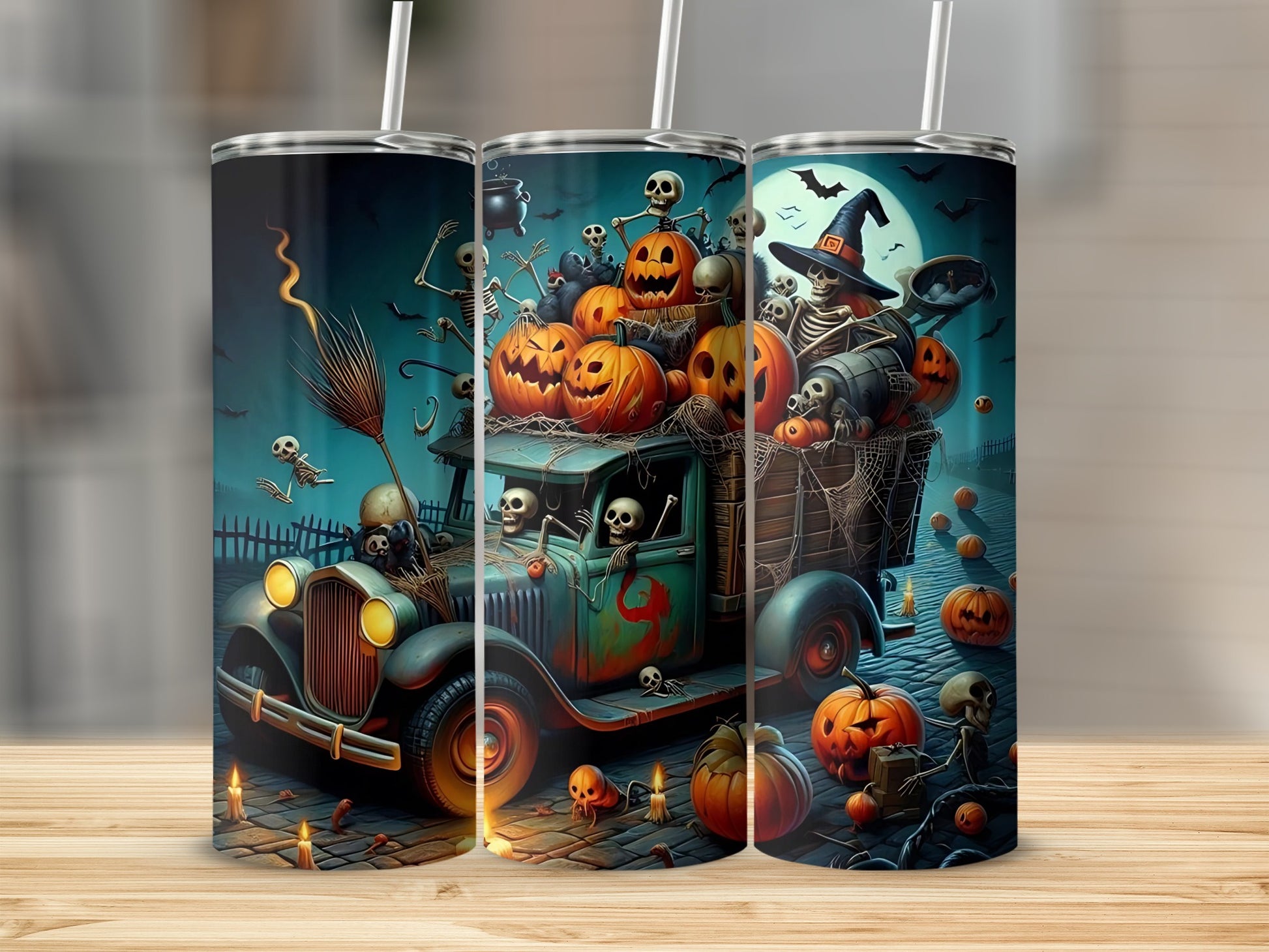 Halloween truck with skeletons, pumpkins, and bats under a full moon.